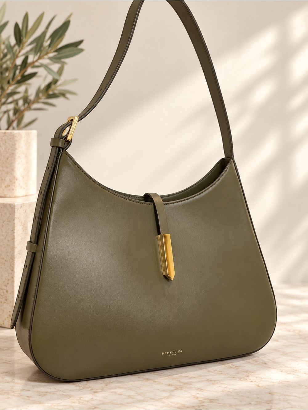 DeMellier Olive Green Leather Tokyo Shoulder Bag with Gold Accent
